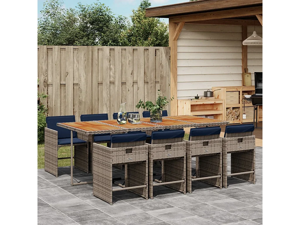 Ensemble à manger de jardin 9 pièces coussins gris résine tressée