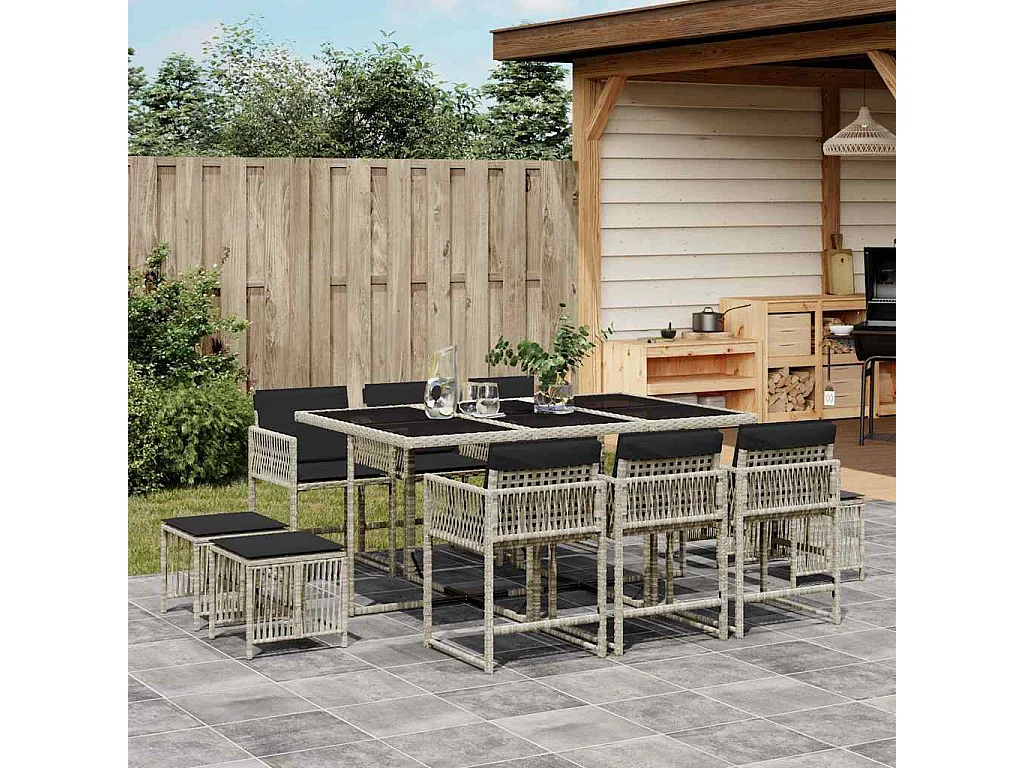 Set de comedor de jardín 11 piezas y cojines ratán sintético gris