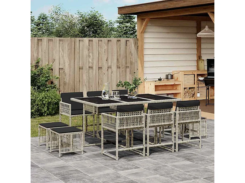 Set de comedor de jardín 11 piezas y cojines ratán sintético gris