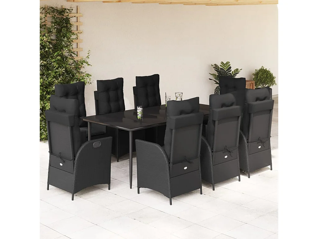 Ensemble à manger de jardin 9 pièces coussins noir résine tressée