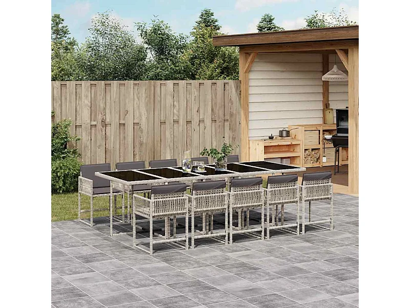 Set de comedor de jardín 11 piezas y cojines ratán sintético gris