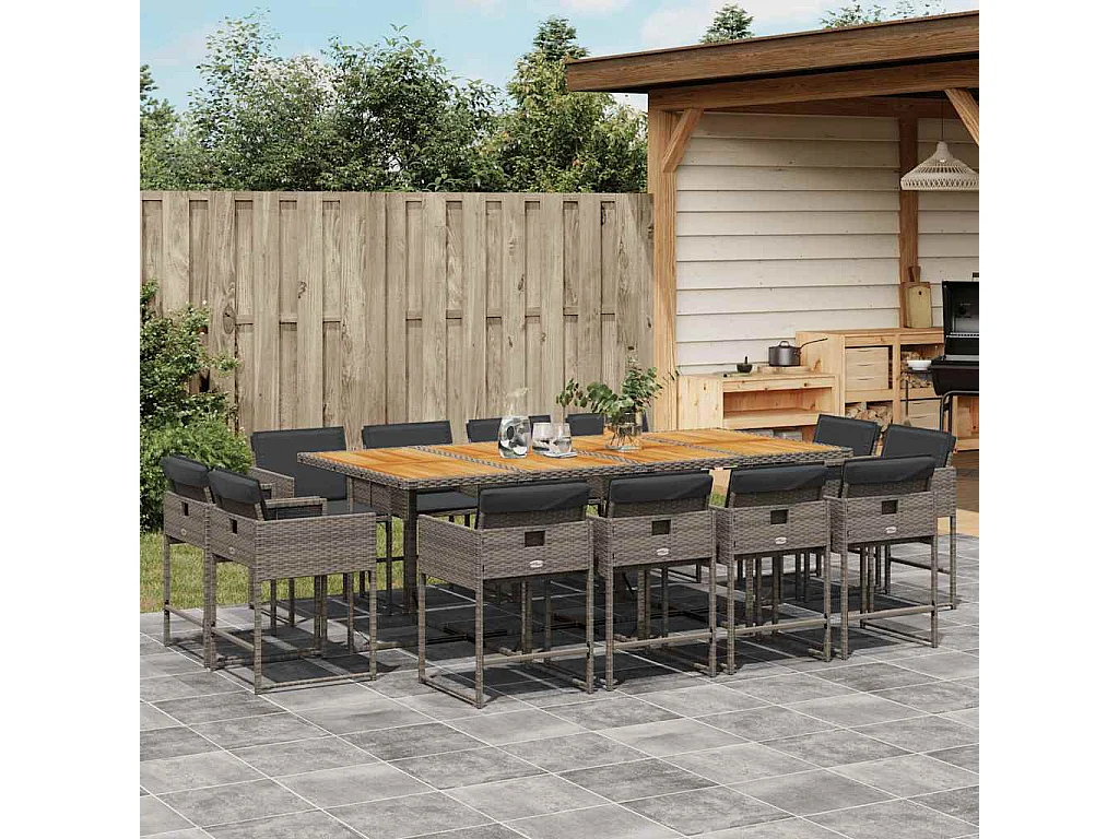 Set comedor de jardín con cojines 13 piezas ratán sintético gris