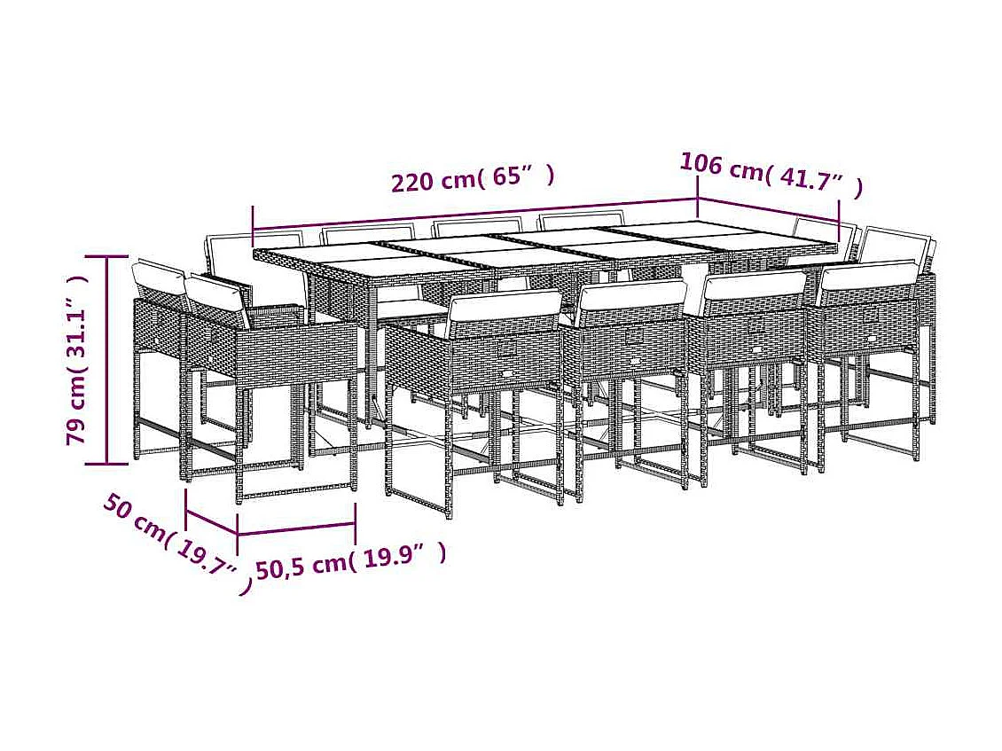 Set comedor de jardín con cojines 13 piezas ratán sintético gris