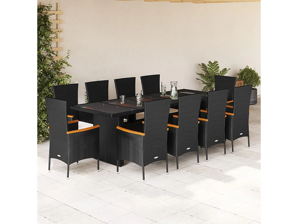 Set de comedor jardín 11 piezas con cojines ratán sintético negro