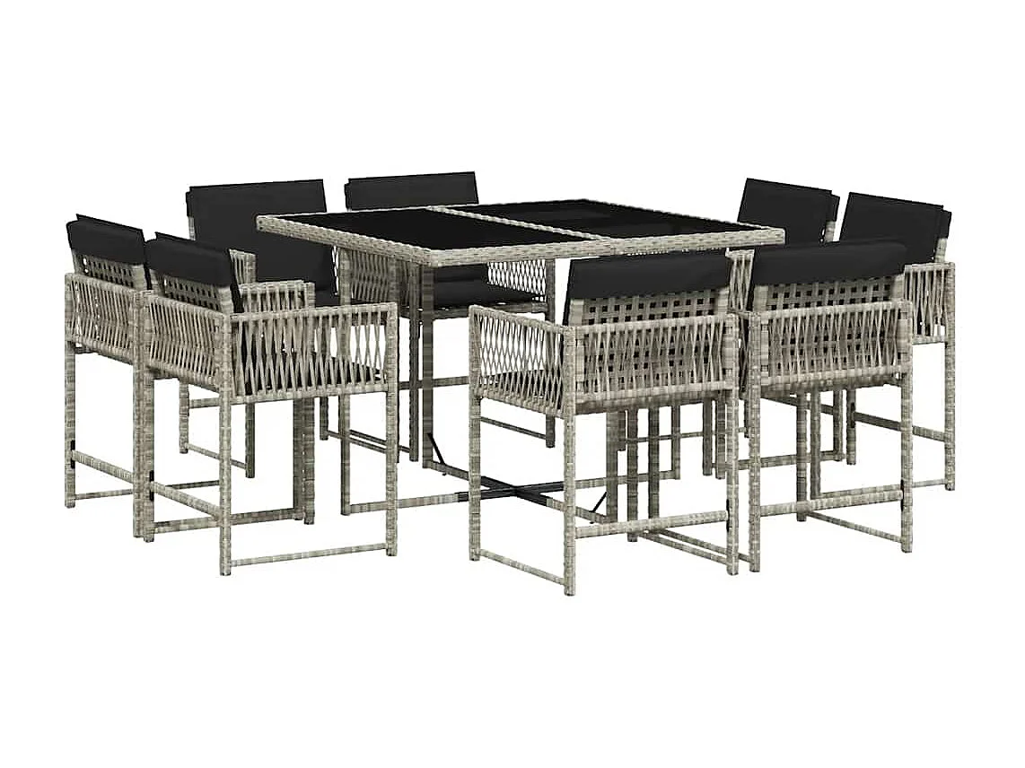 Set comedor de jardín 9 piezas cojines ratán sintético gris claro