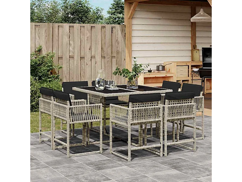 Set comedor de jardín 9 piezas cojines ratán sintético gris claro