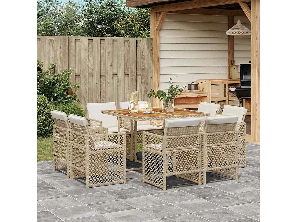 Ensemble à manger de jardin et coussins 9 pièces beige Poly rotin