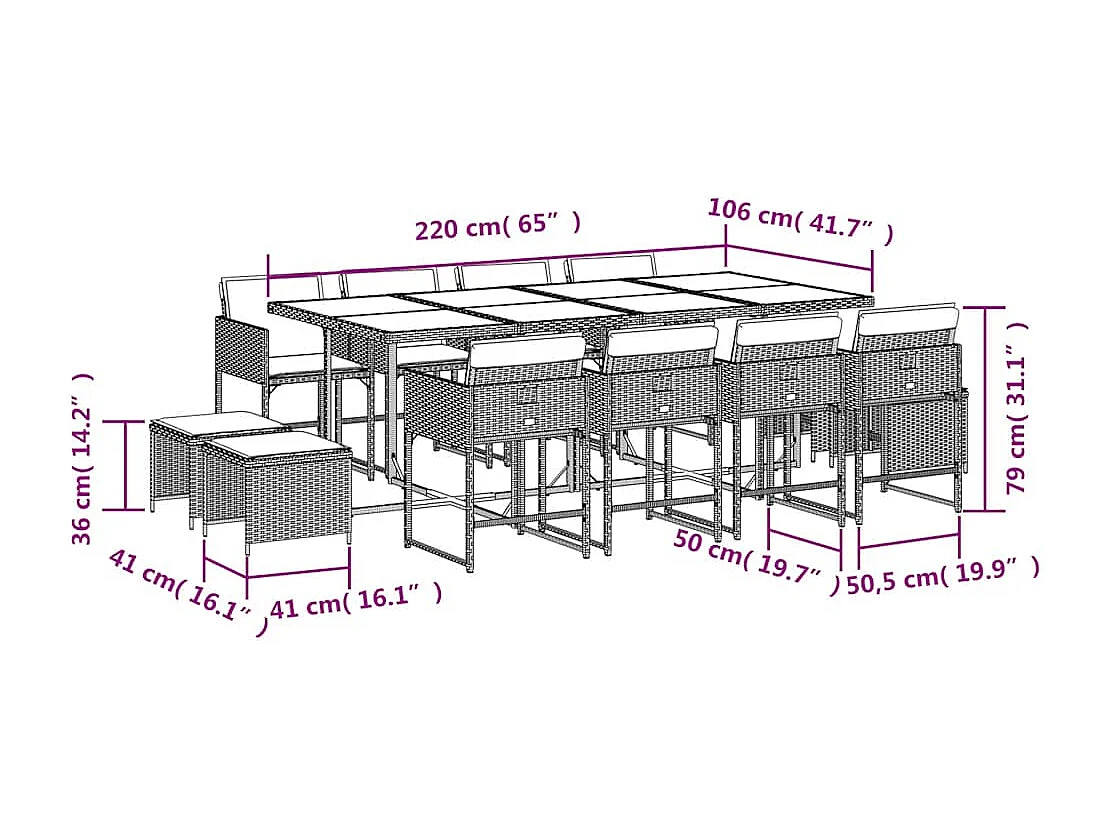 Ensemble à manger de jardin et coussins 13 pièces beige