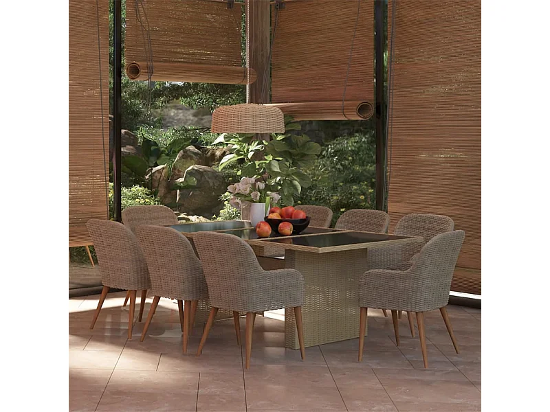 Juego de comedor para jardín 9 piezas ratán sintético marrón