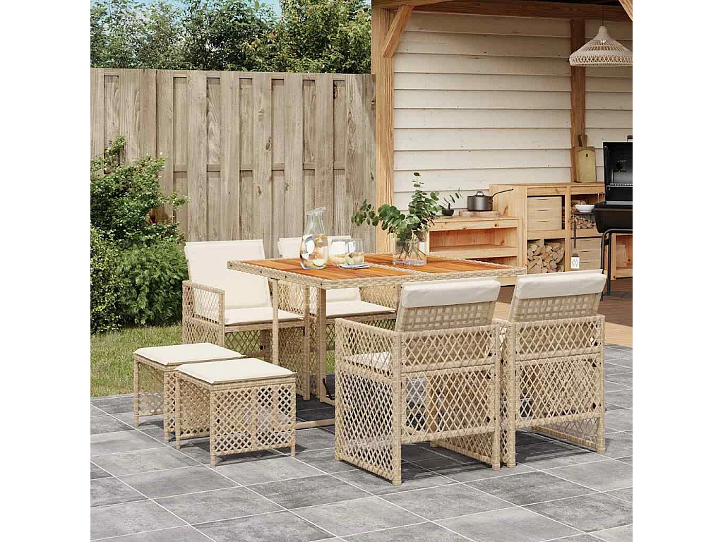 Ensemble à manger de jardin et coussins 9 pièces beige Poly rotin