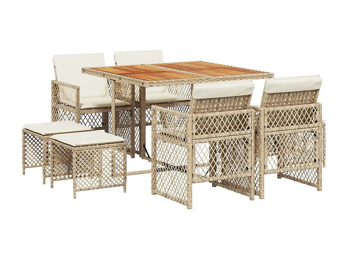 Ensemble à manger de jardin et coussins 9 pièces beige Poly rotin