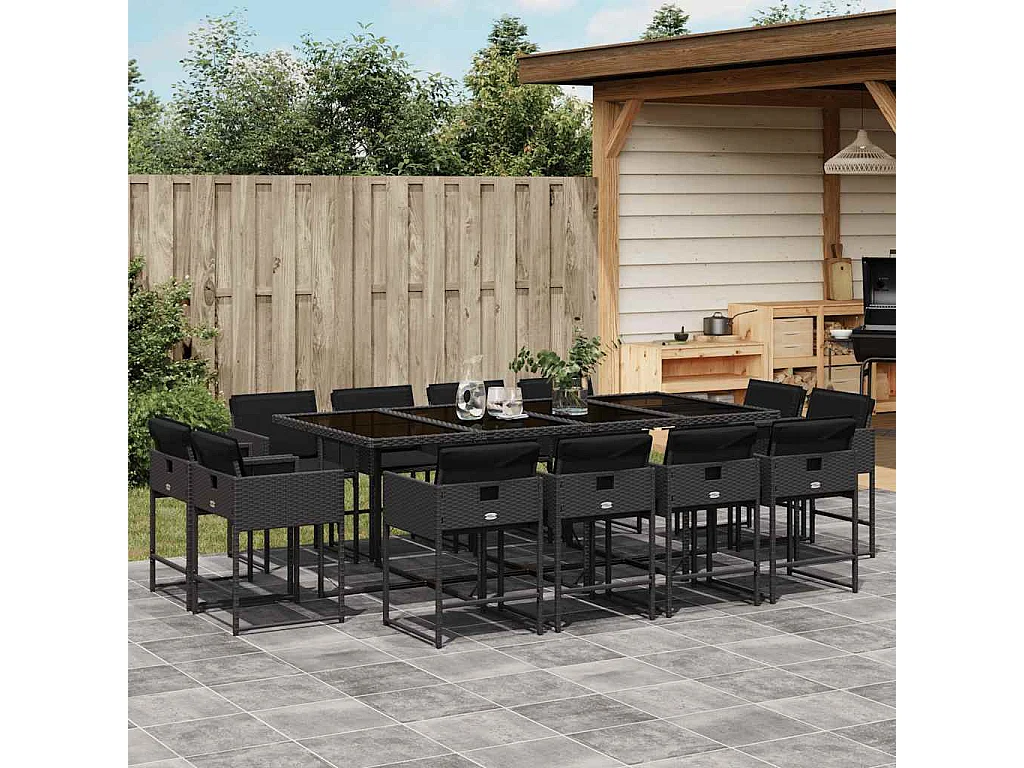 Set comedor de jardín con cojines 13 piezas ratán sintético negro
