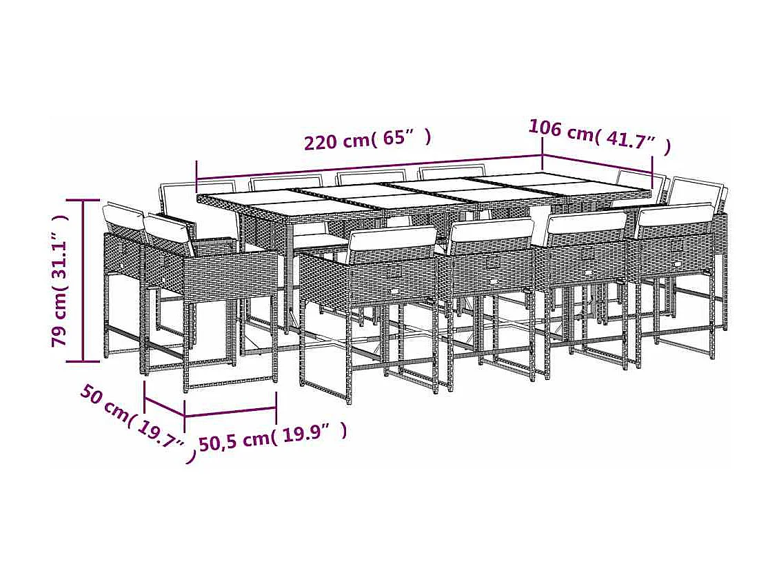 Set comedor de jardín con cojines 13 piezas ratán sintético negro
