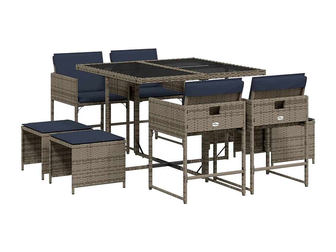 Ensemble à manger de jardin 9 pièces coussins gris résine tressée