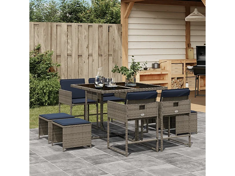 Ensemble à manger de jardin 9 pièces coussins gris résine tressée