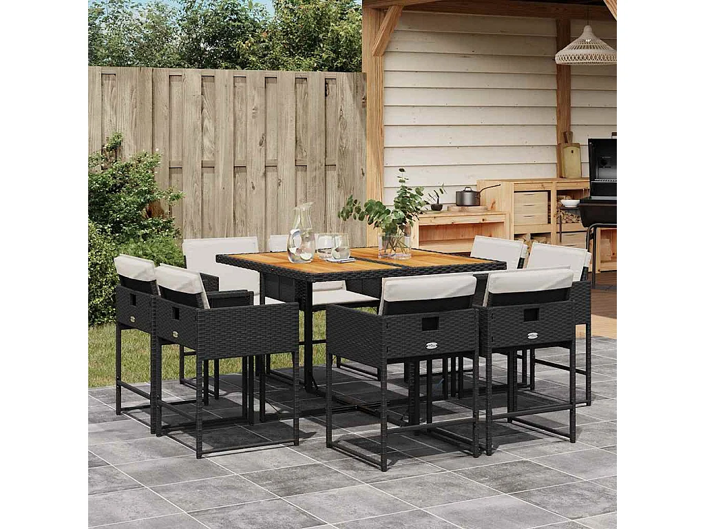 Ensemble à manger de jardin 9 pièces coussins noir résine tressée