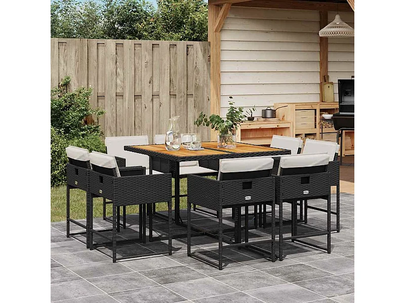 Ensemble à manger de jardin 9 pièces coussins noir résine tressée