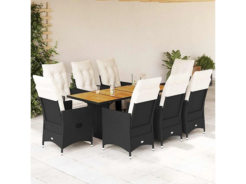 Ensemble à manger de jardin 9 pièces coussins noir résine tressée