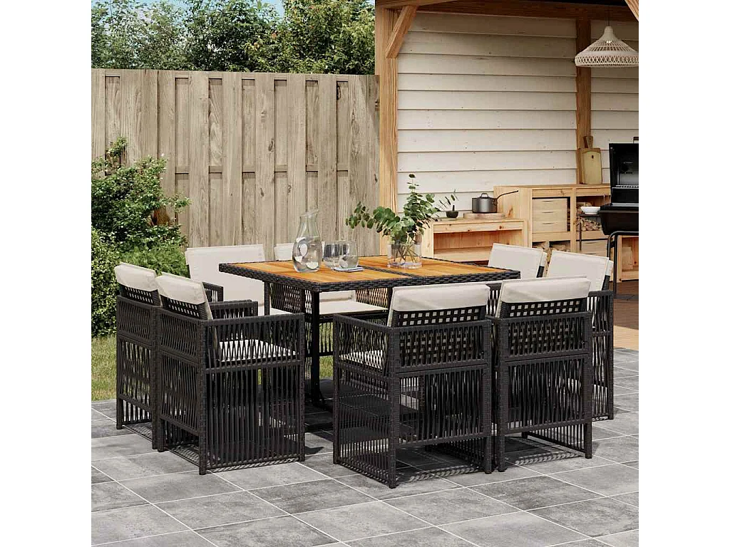 Ensemble à manger de jardin 9 pièces coussins noir résine tressée