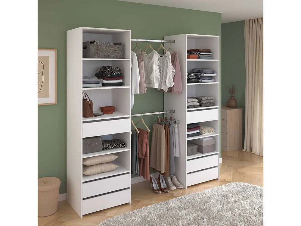 Kleiderschrank ANETO weiß 6 Schubladen Doppel-Säule mit 2 Kleiderstangen - PARISOT, B199,9 x H200 x T49,7 cm