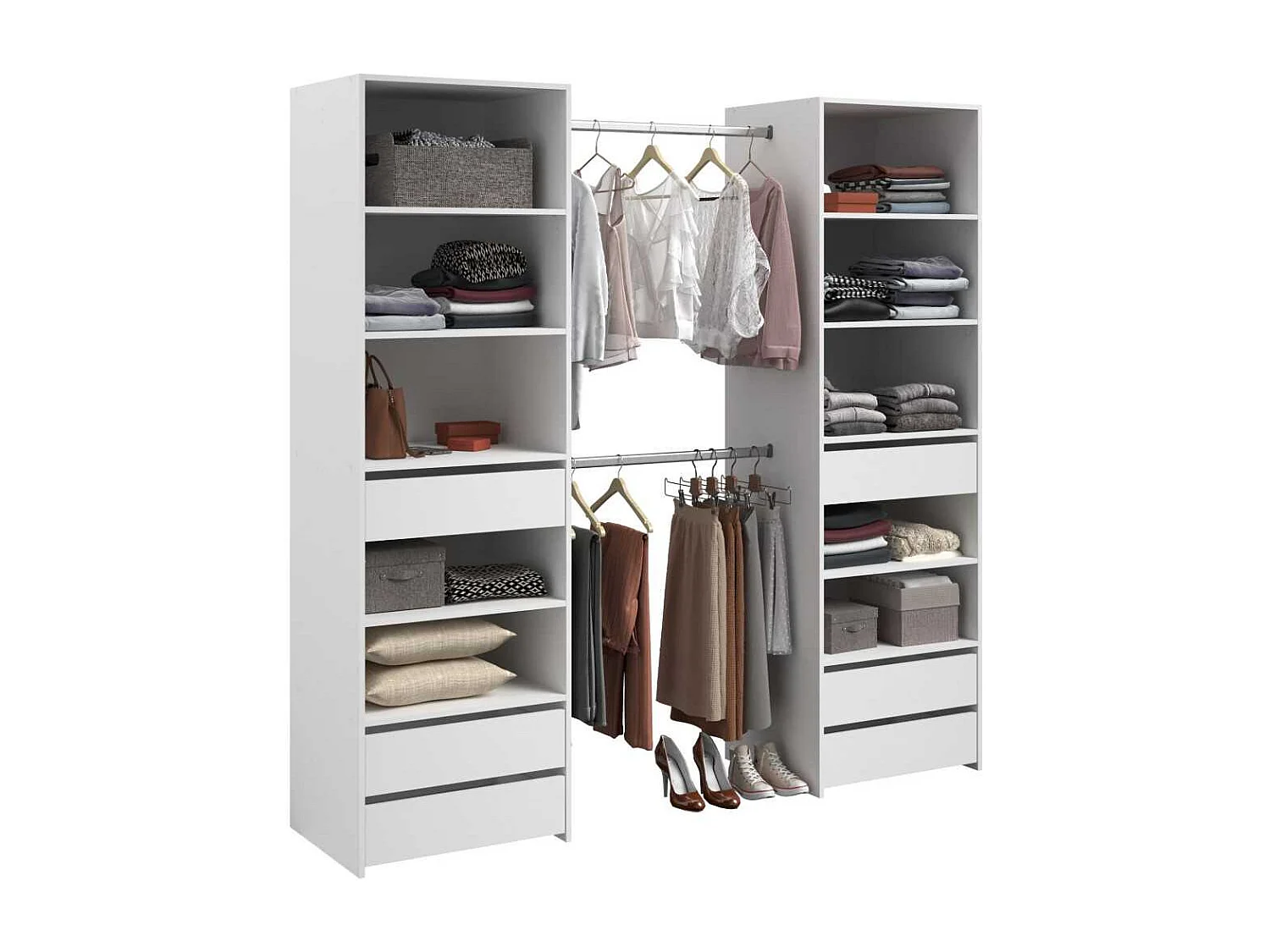 Kleiderschrank ANETO weiß 6 Schubladen Doppel-Säule mit 2 Kleiderstangen - PARISOT, B199,9 x H200 x T49,7 cm