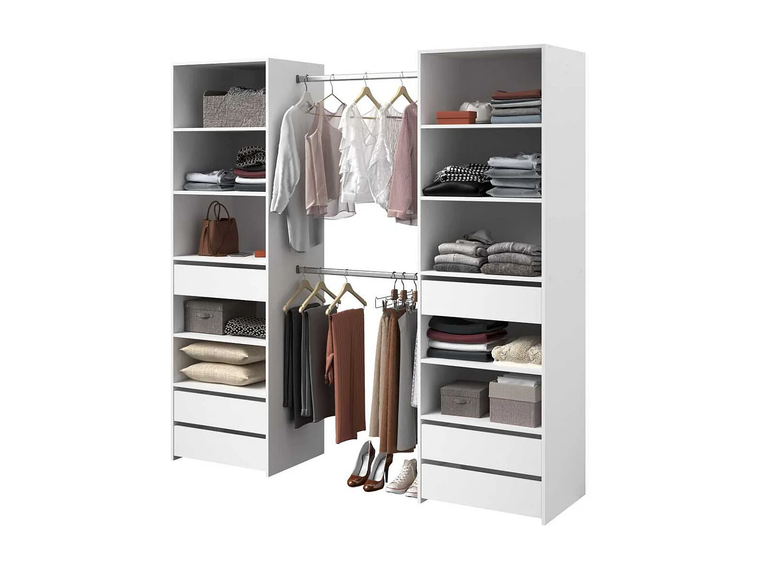 Kleiderschrank ANETO weiß 6 Schubladen Doppel-Säule mit 2 Kleiderstangen - PARISOT, B199,9 x H200 x T49,7 cm