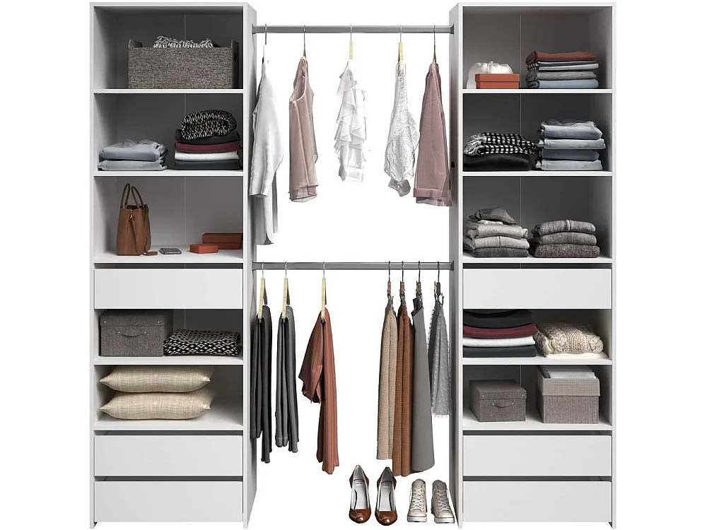 Kleiderschrank ANETO weiß 6 Schubladen Doppel-Säule mit 2 Kleiderstangen - PARISOT, B199,9 x H200 x T49,7 cm