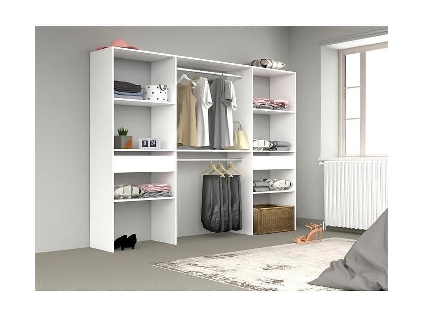 Modulares weißes Kleiderschrank ARTIC 220x40x180 cm, 2 Säulen, 2 Kleiderstangen, 6 Regale, 2 Schubladen, einfacher Aufbau