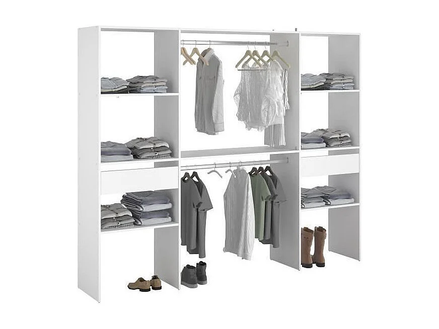 Modulares weißes Kleiderschrank ARTIC 220x40x180 cm, 2 Säulen, 2 Kleiderstangen, 6 Regale, 2 Schubladen, einfacher Aufbau