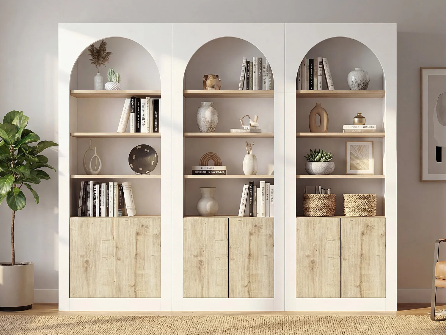 Lot de 3 bibliothèques avec 4 niches et 2 portes - Blanc et naturel clair - CYMORA