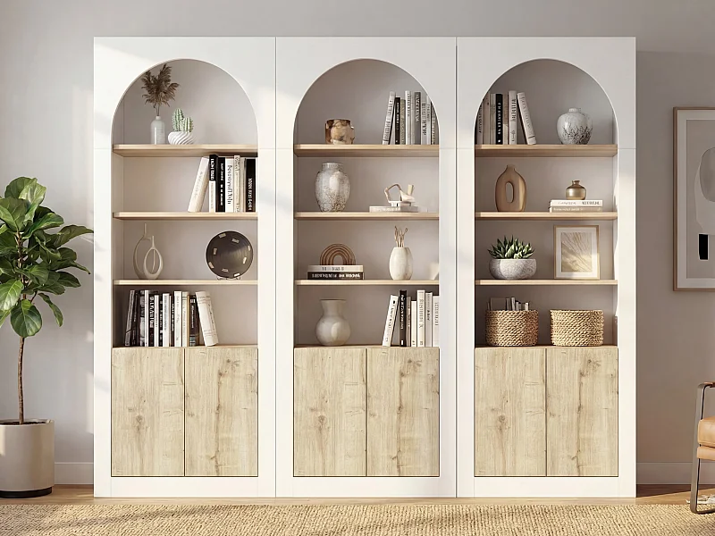 Lot de 3 bibliothèques avec 4 niches et 2 portes - Blanc et naturel clair - CYMORA