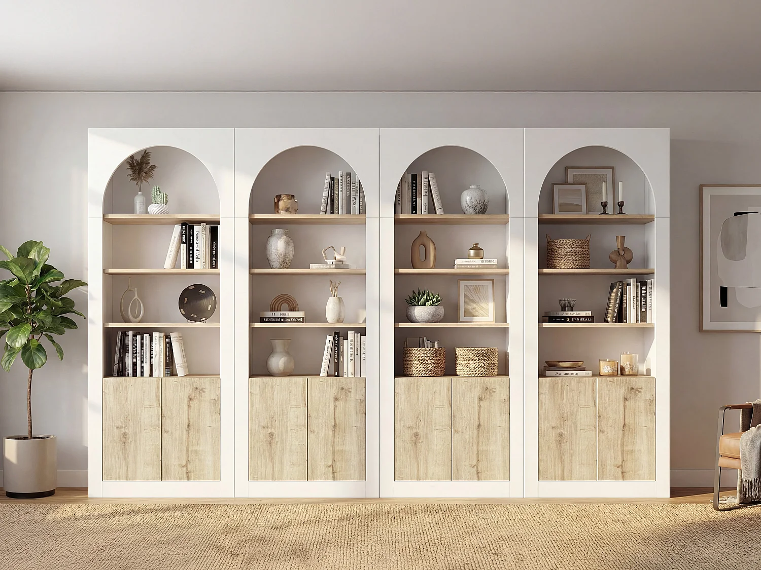 Lot de 4 bibliothèques avec 4 niches et 2 portes - Blanc et naturel clair - CYMORA