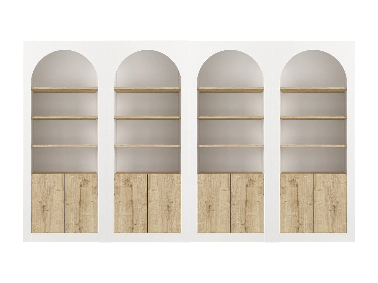Lot de 4 bibliothèques avec 4 niches et 2 portes - Blanc et naturel clair - CYMORA