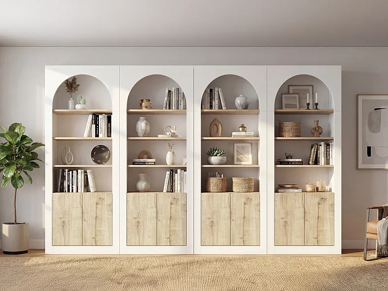 Lot de 4 bibliothèques avec 4 niches et 2 portes - Blanc et naturel clair - CYMORA