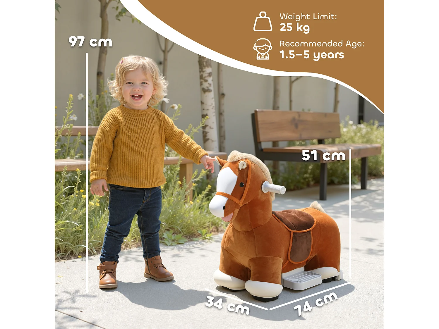 AIYAPLAY Cavallo Elettrico per Bambini 1.5-5 Anni con Pedali, Rotelle e Suoni Integrati, Cavallo Giocattolo in Peluche, PP, Metallo e ABS, 74x34x51 cm, Marrone