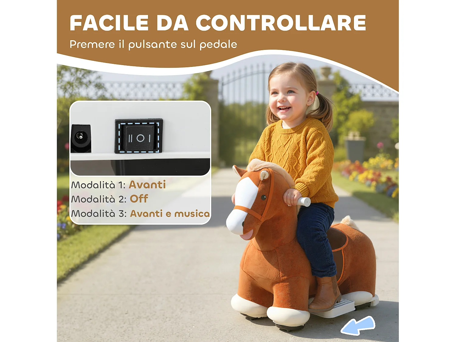 AIYAPLAY Cavallo Elettrico per Bambini 1.5-5 Anni con Pedali, Rotelle e Suoni Integrati, Cavallo Giocattolo in Peluche, PP, Metallo e ABS, 74x34x51 cm, Marrone