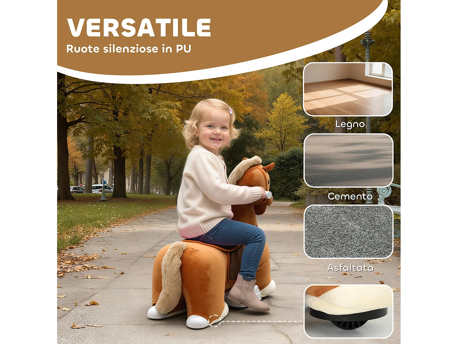 AIYAPLAY Cavallo Elettrico per Bambini 1.5-5 Anni con Pedali, Rotelle e Suoni Integrati, Cavallo Giocattolo in Peluche, PP, Metallo e ABS, 74x34x51 cm, Marrone