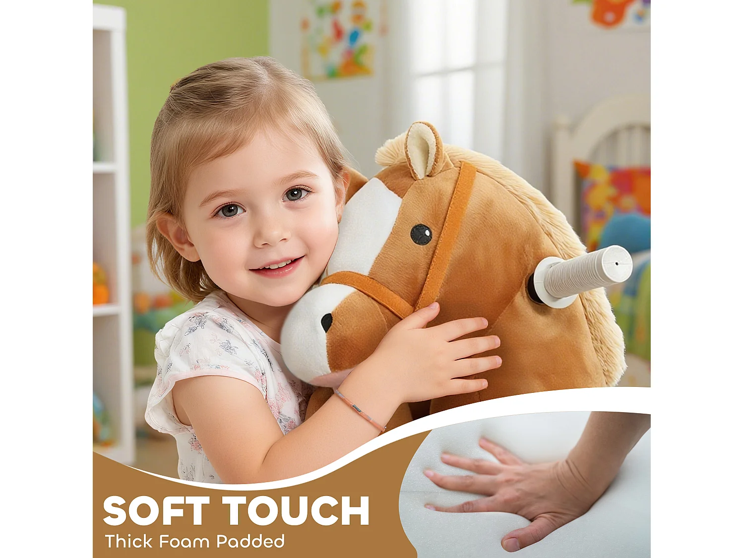 AIYAPLAY Cavallo Elettrico per Bambini 1.5-5 Anni con Pedali, Rotelle e Suoni Integrati, Cavallo Giocattolo in Peluche, PP, Metallo e ABS, 74x34x51 cm, Marrone