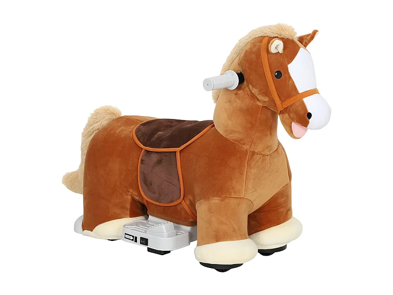 AIYAPLAY Cavallo Elettrico per Bambini 1.5-5 Anni con Pedali, Rotelle e Suoni Integrati, Cavallo Giocattolo in Peluche, PP, Metallo e ABS, 74x34x51 cm, Marrone