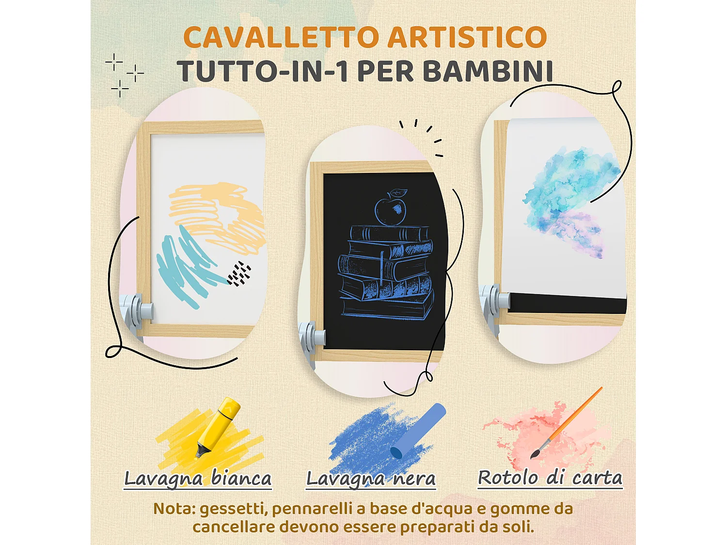 Cavalletto per bambini con doppia lavagna per gesso e pennarelli