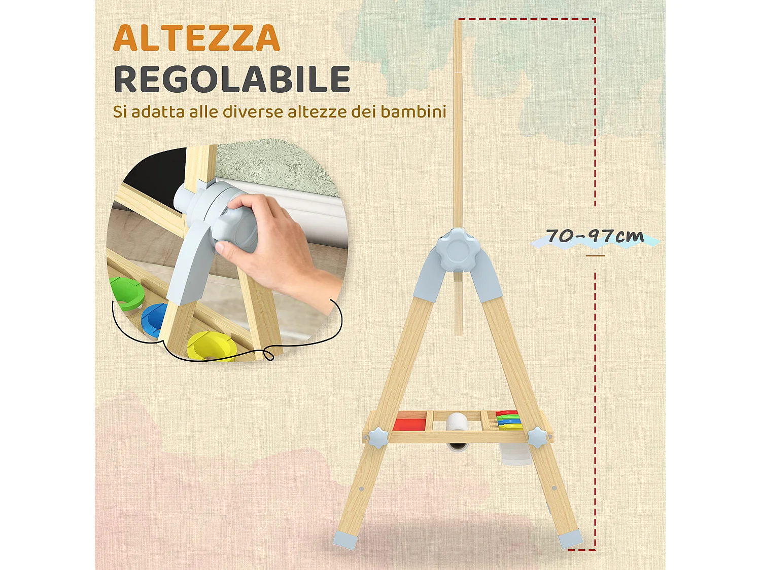 Cavalletto per bambini con doppia lavagna per gesso e pennarelli