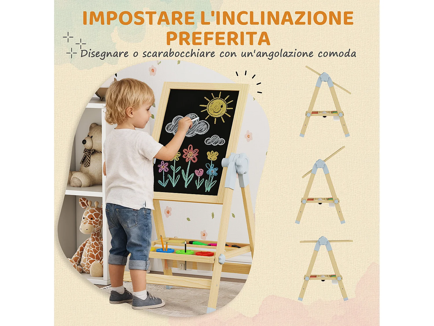 Cavalletto per bambini con doppia lavagna per gesso e pennarelli