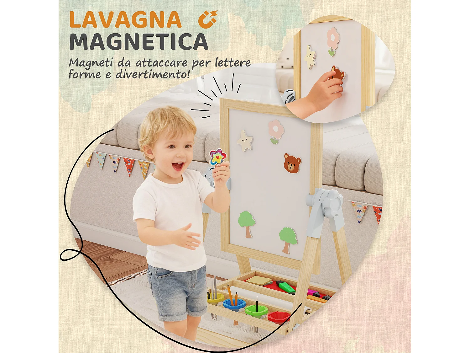 Cavalletto per bambini con doppia lavagna per gesso e pennarelli