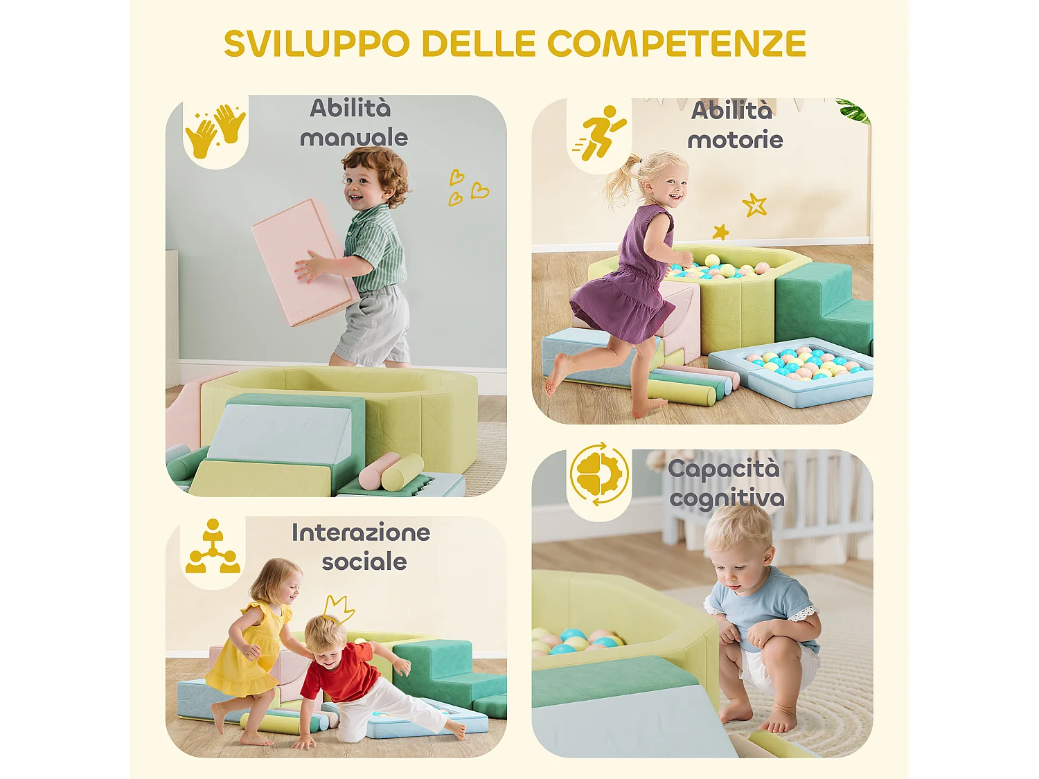 Set 15 blocchi morbidi per bambini modulabili con 200 palline