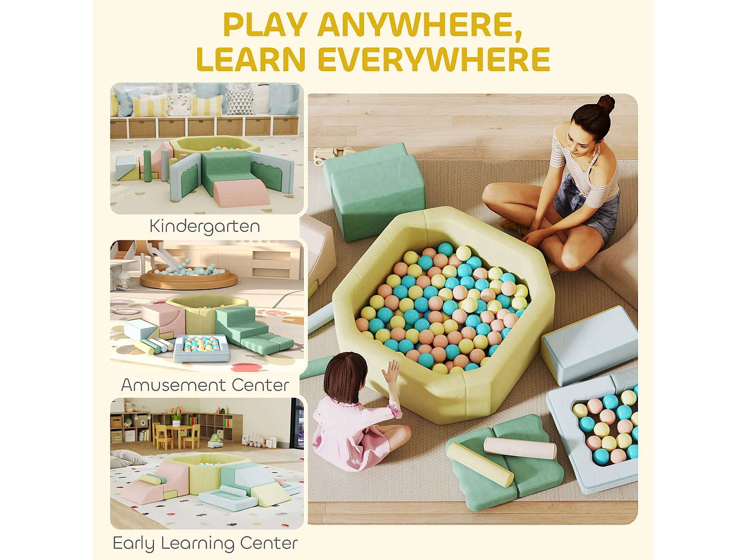 Set 15 blocchi morbidi per bambini modulabili con 200 palline