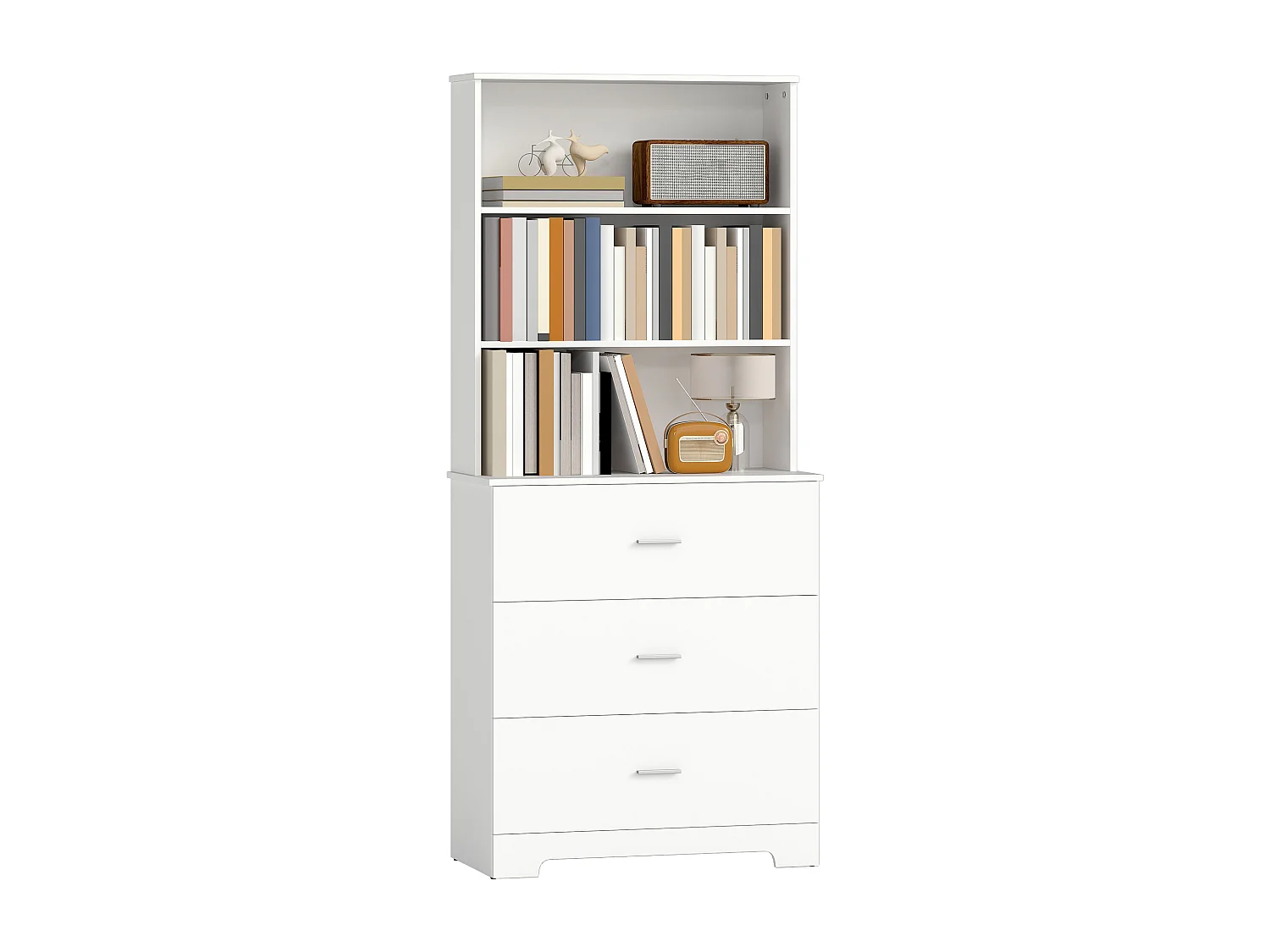 Libreria a muro con 3 ripiani aperti e 3 cassetti in legno bianco