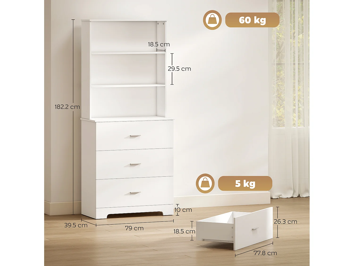 Libreria a muro con 3 ripiani aperti e 3 cassetti in legno bianco