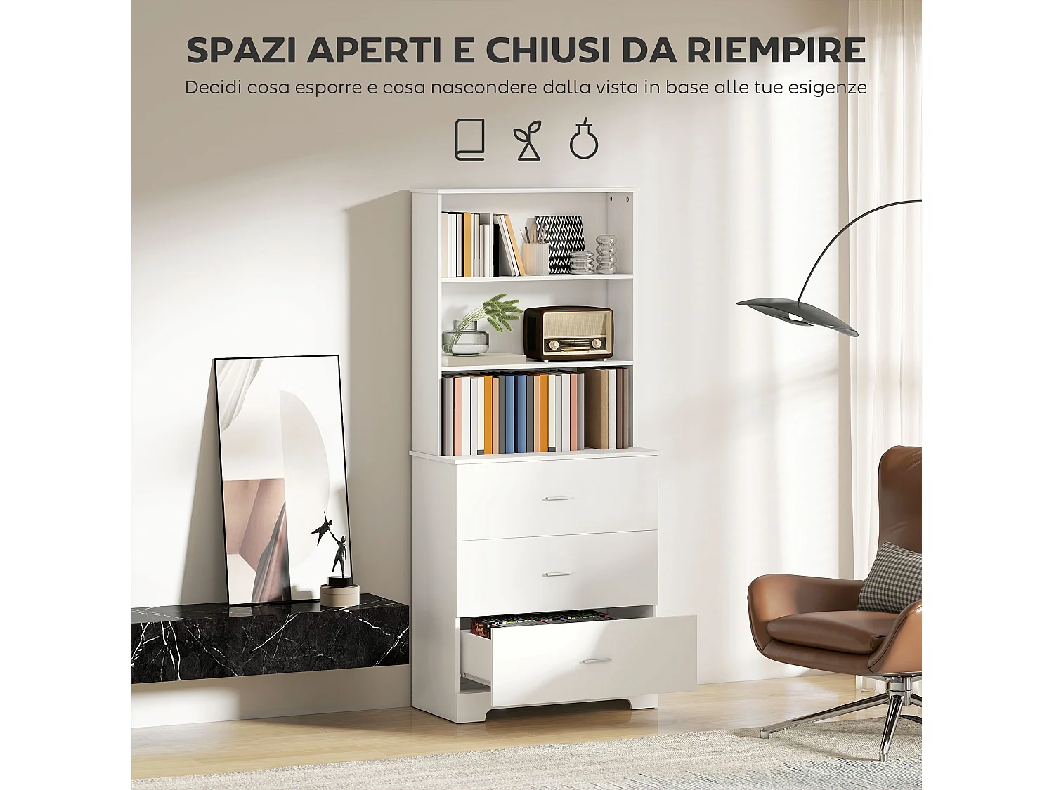 Libreria a muro con 3 ripiani aperti e 3 cassetti in legno bianco