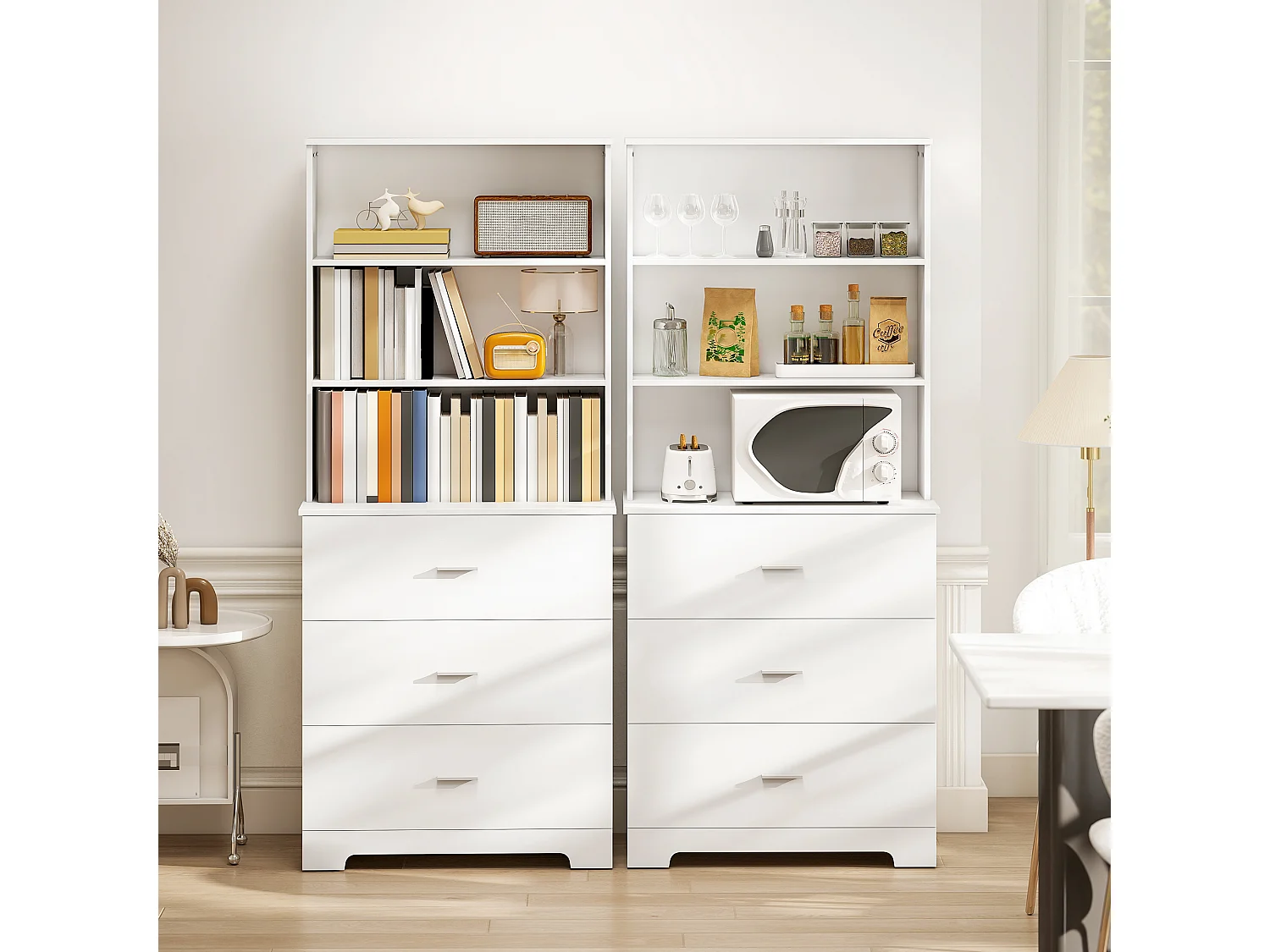 Libreria a muro con 3 ripiani aperti e 3 cassetti in legno bianco