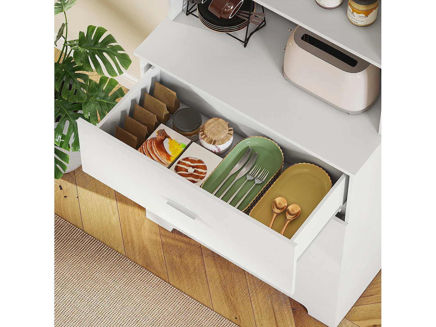 Libreria a muro con 3 ripiani aperti e 3 cassetti in legno bianco